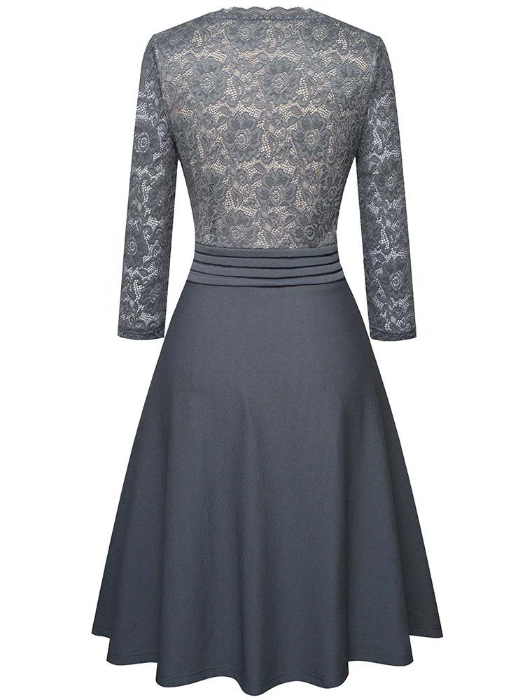 Nice-forever-우아한 빈티지 드레스 A062 여성용, 블랙 플라워 레이스 프릴 시스루 슬리브 a-라인 핀업 플레어 드레스