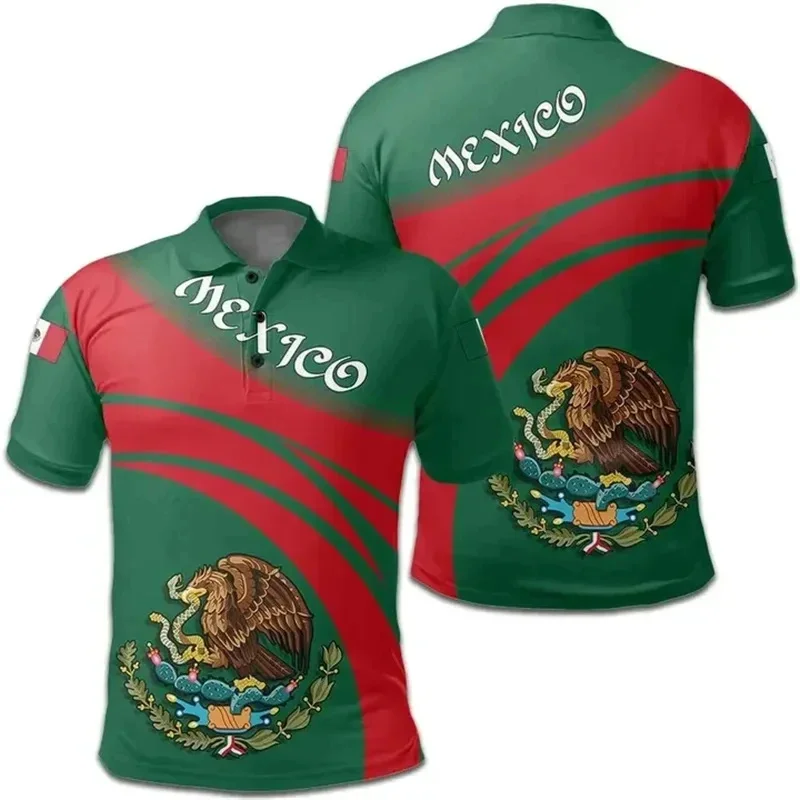 

3D Print Mexico National Flag Pattern Polo Shirt For Men Summer Casual Short Sleeve Polo Shirts Mens Lapel T-Shirts