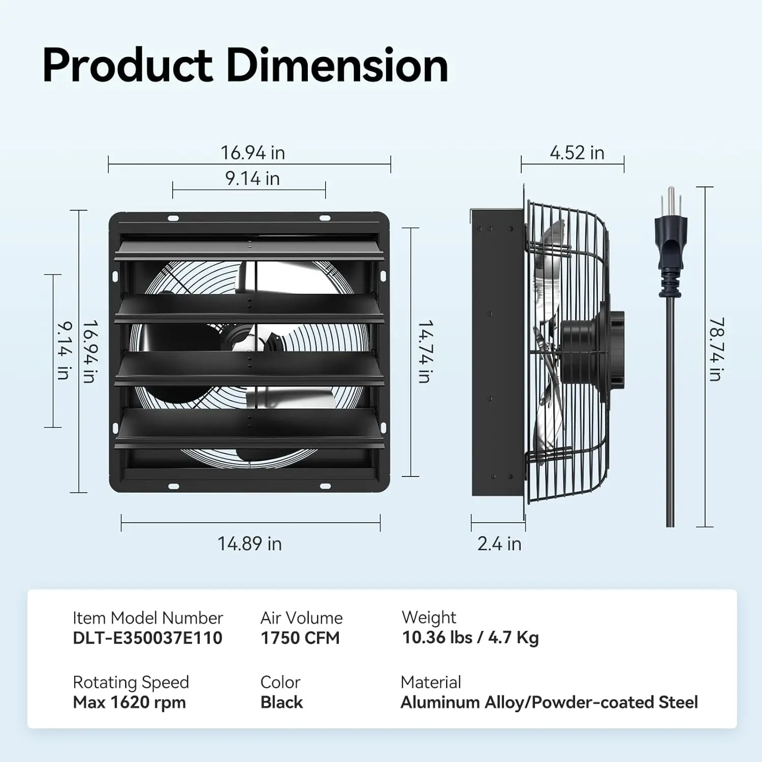 14 Inch Shutter Exhaust Fan Wall Mounted with EC Motors and Remote Control, Timer, 8 Speeds, 1750CFM, Low Noise, Easy to Install