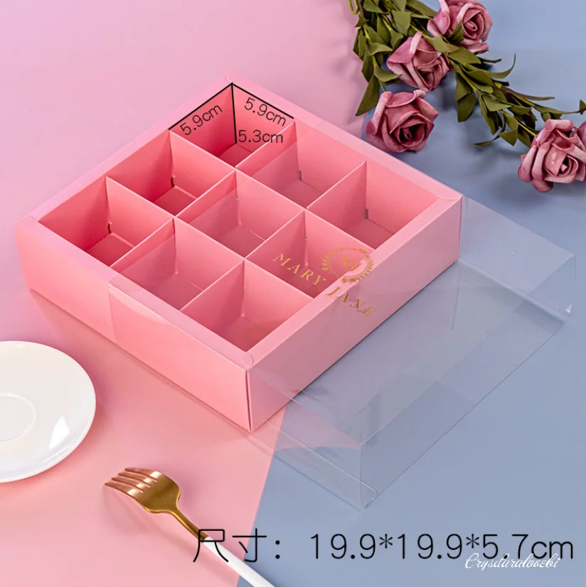 10pc Pink Macaron Packaging Box High-End French Biscuit Candy Carton Window Open Pet Transparent 3/4/9 Grain Baking Drawer Type