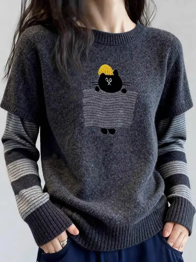 

Ladies' Autumn Winter ey Bla Knitted Sweater Lazy Sle Overhead Combo Casual Wear Comfortable Long Sve Top