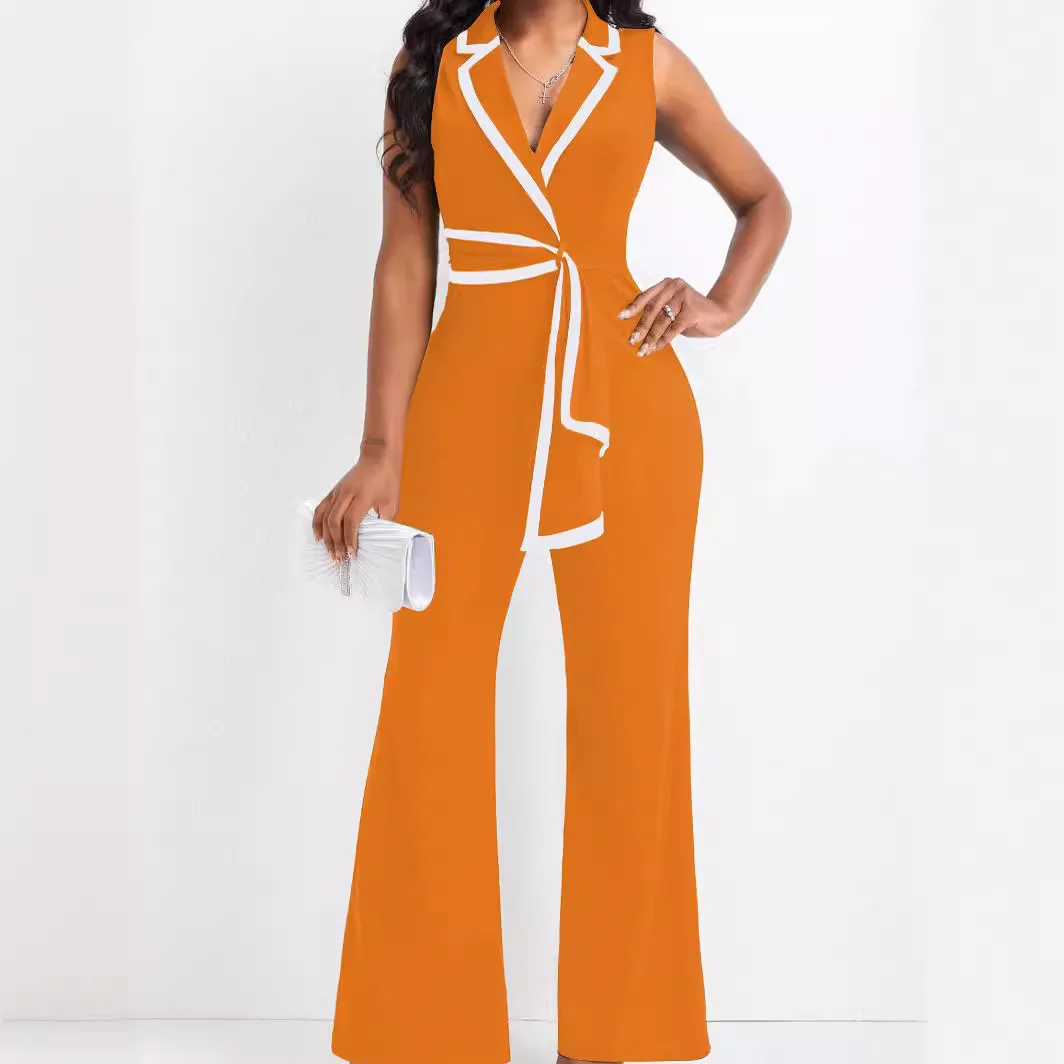 M3219 European and American Cross-border Summer Women\'s New Fashion V Neck Elegant Elegant Sleeveless Jumpsuit Wide Leg Pants