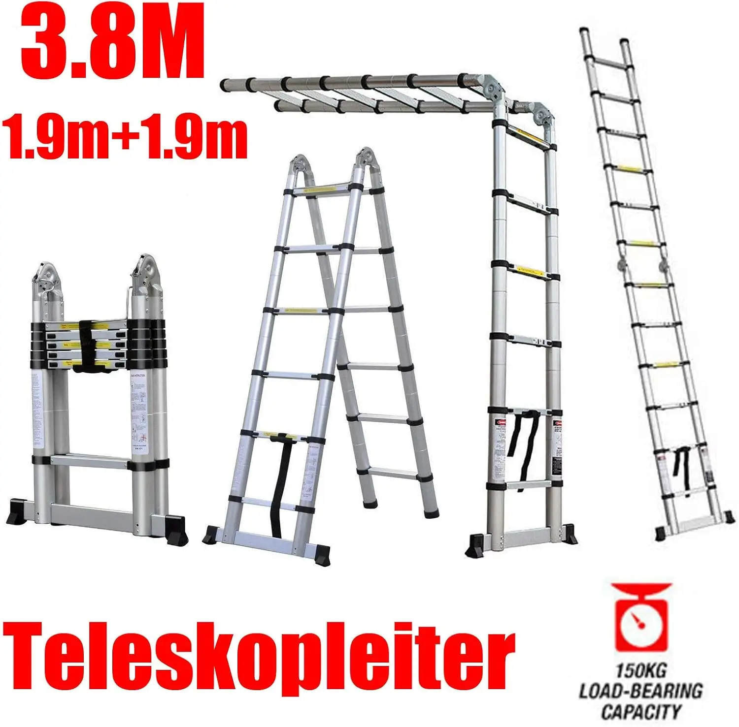 Ladder A Frame Telescopic Ladder 3.8m(1.9m+1.9m)Aluminum Telescoping Extension Ladder Multi-Purpose 150 kg/330 lbs Load Capacity