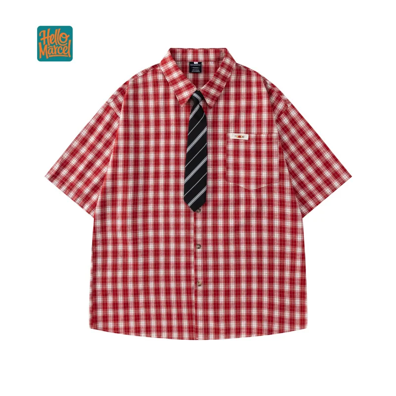 HELLOMARCEL EU US Size Luxury Quality Men'S Casual Shirt High Street Summer Oversize College Tie Plaid Short Sleeve Shirt