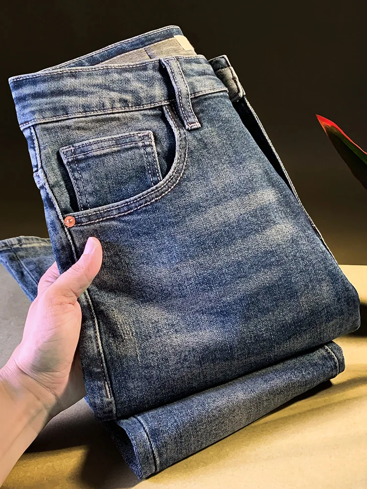 

2025 autumn slim fit jeans men's Chinese style embroidered printed small feet casual elastic versatile high-end men's pants