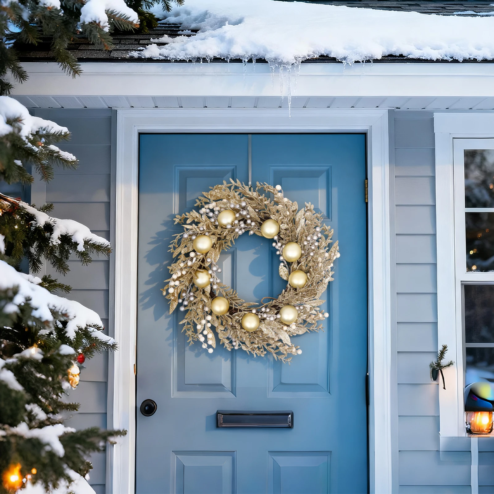 

24" Pre-lit Christmas Wreath with 50 LED Lights Battery Operated for Easy Hanging，Shatterproof Ball and Berry Decor All-Weat