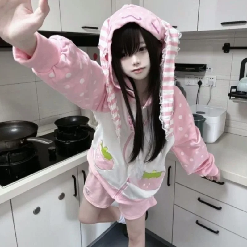 اليابانية Kawaii هوديي سستة طويلة الأكمام ثقافة فرعية المرأة معطف غير رسمي نقطة مع مخطط الحلو نمط الخريف 2025 الملابس النسائية