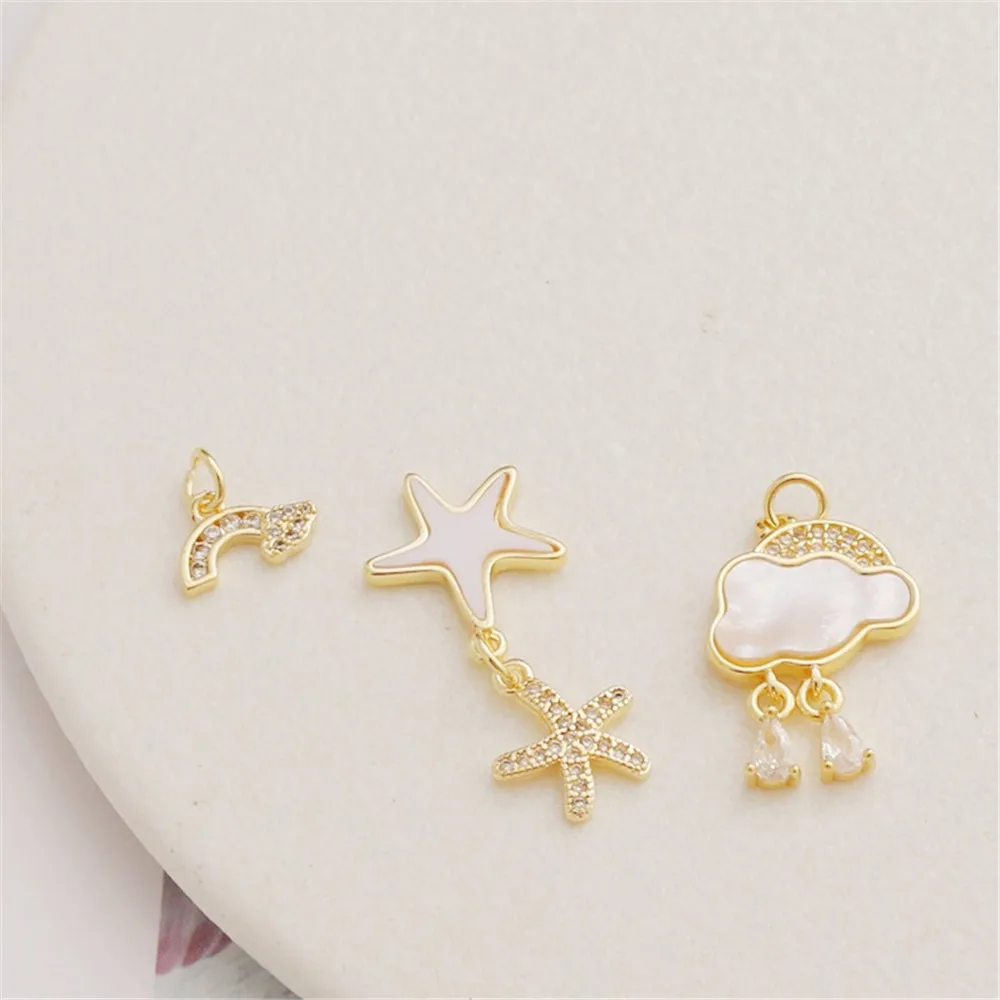 14K Gold Color Inlaid Zircon Sticker, Double Starfish, Cloud, Rainbow, DIY Jewelry, Pendant Accessories