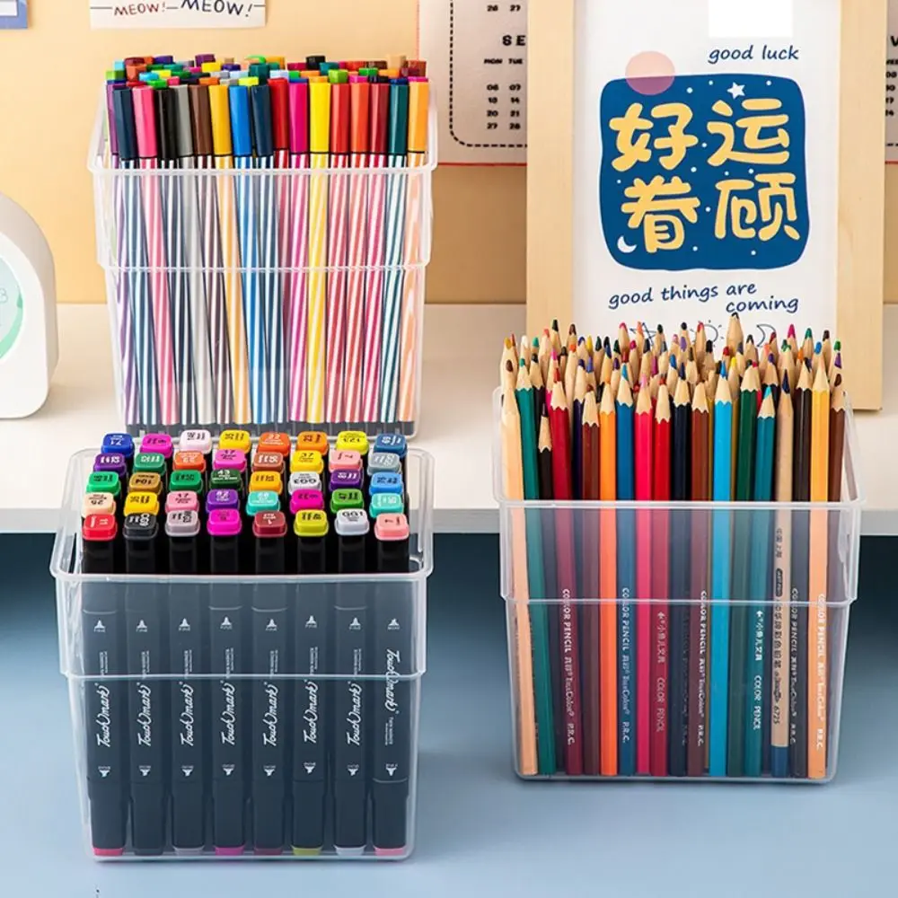 Simple Plastic Miscellaneous Storage Box Transparent Portable Marker Pen Holder Cosmetics Storage Basket School Office