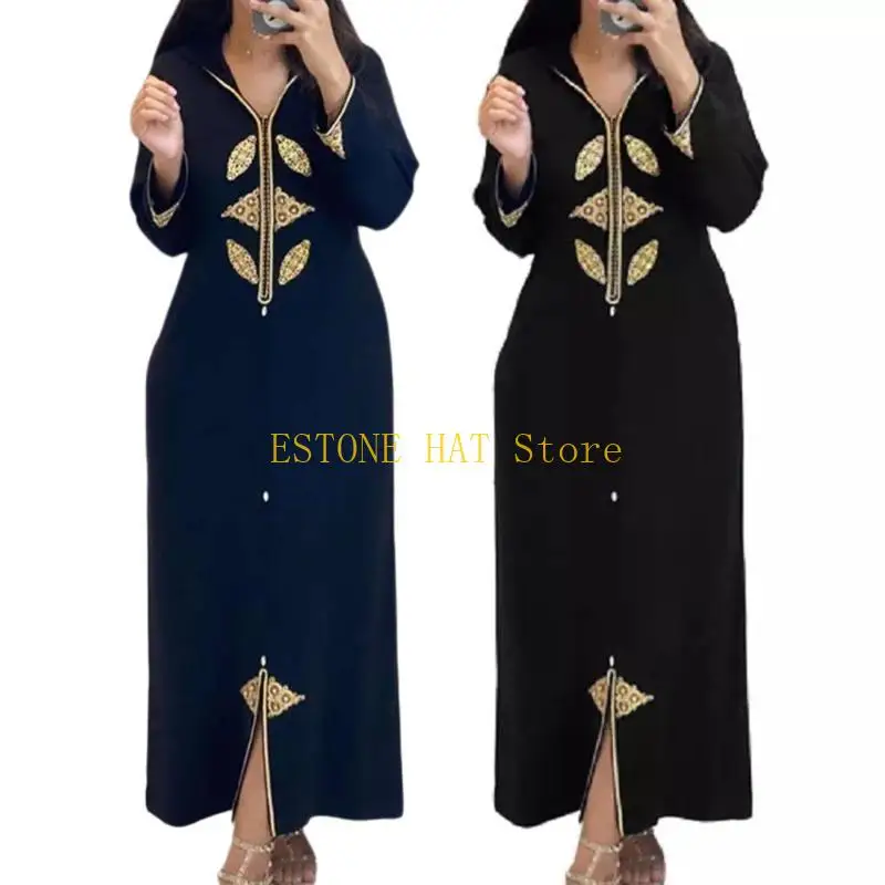 

49MF Элегантные мусульманские платья с принтом, абайя, лоскутное платье с застежкой-молнией для женщин