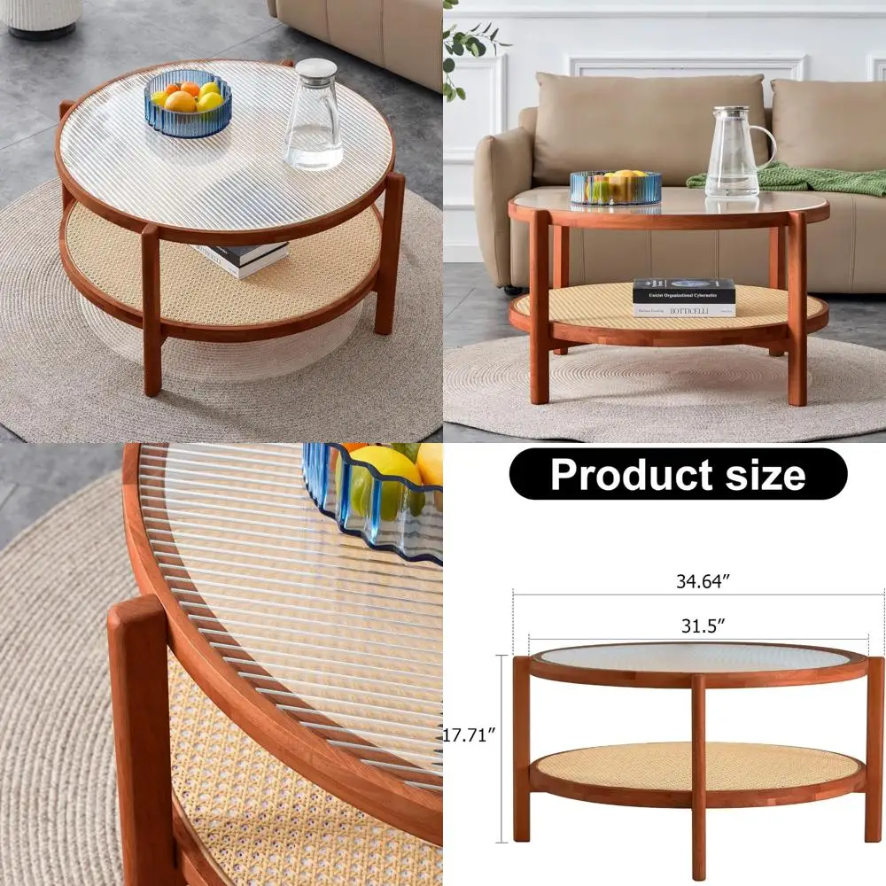

Mid-Century Modern 2-Tier Round Coffee Table with Glass Top and Rattan Storage Shelf, 35 Inch Solid Wood Boho Style