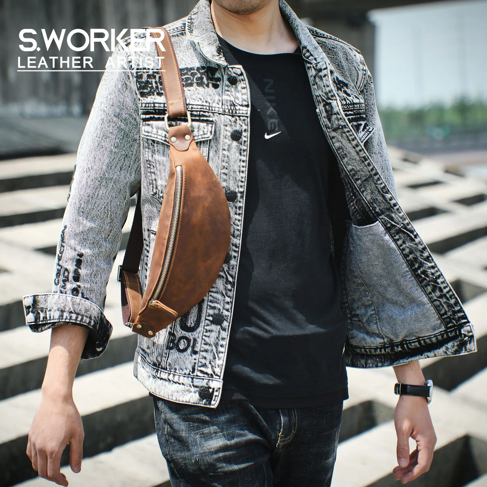 Hochwertige Echtleder-Brusttasche für Herren, Vintage Vollnarbenleder-Umhängetasche, Sling Bag, Tagesrucksack mit großer Kapazität – Detail 2
