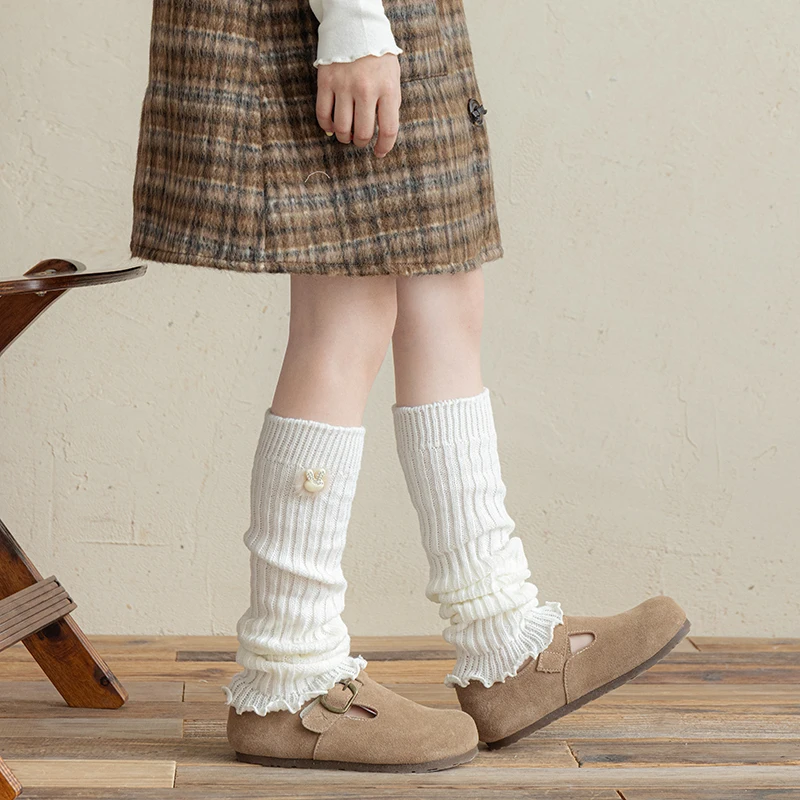 Sweet Kids Girls Knitted Sock Covers Warm Solid Tone with Pom Pom Rhinestone Rabbit Ornament Soft Breathable Elastic Sock Cuffs