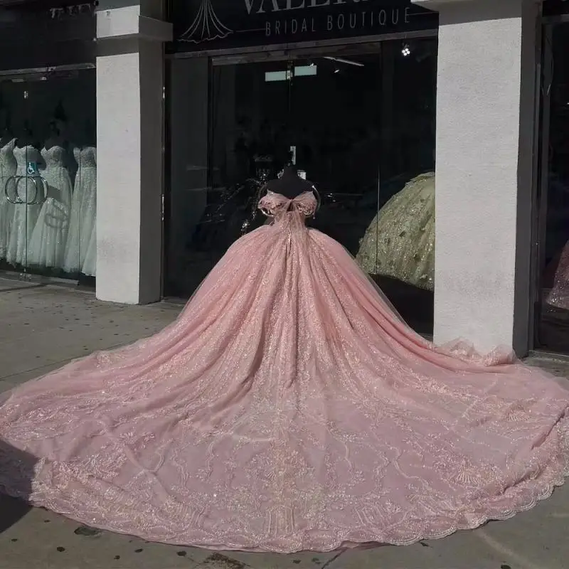 فساتين Quinceanera أنيقة باللون الوردي المكسيكي مخصصة للحفلات من التول اللامع فستان نسائي فيستدوس دي فيستا