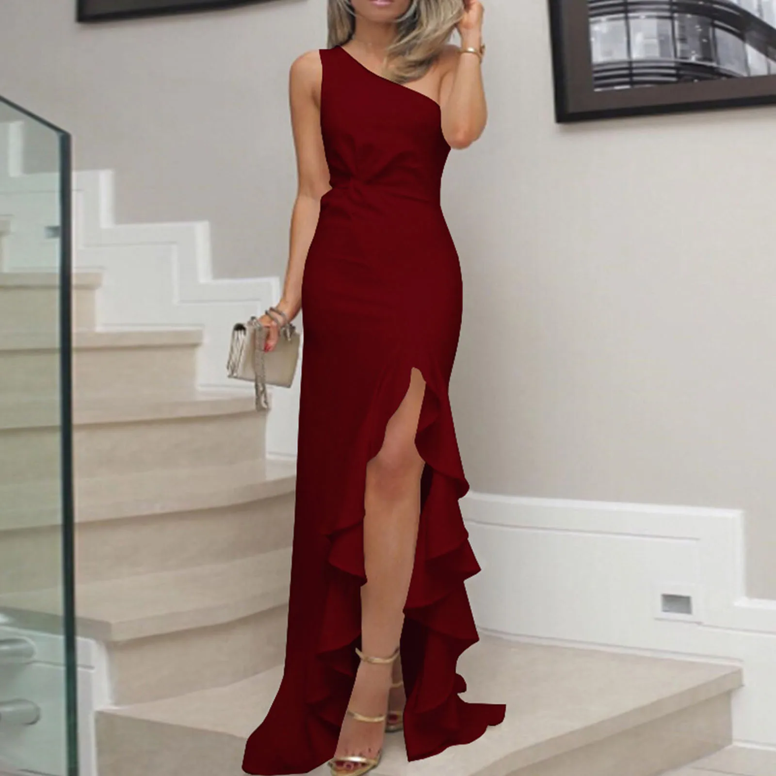 

Women's Ruched Ruffle Formal Evening Dress One Shoulder Slim Vent Solid Color Sexy Elegant Off Shoulder Party Dresses Vestidos