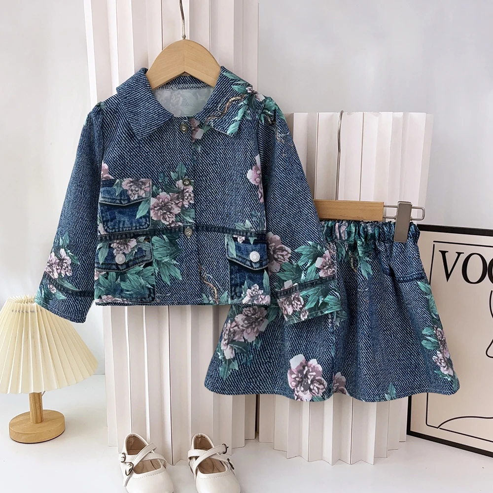 Baby Girls Clothes Retro Printed Clothing Sets Denim Effect Long Sleeved Jacket+Skirt Suits Autumn New Children's Clothing