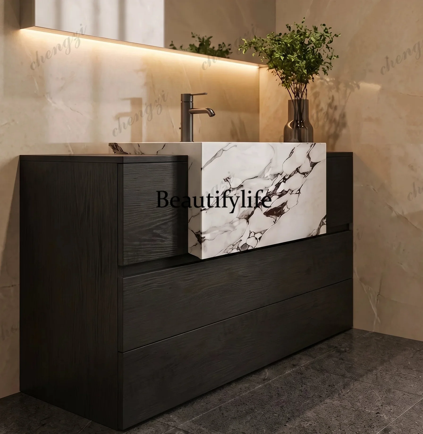 A4567 Bed and breakfast hotel wind bathroom cabinet rock slab integrated basin floor cabinet  multi-layer solid wood washbasin