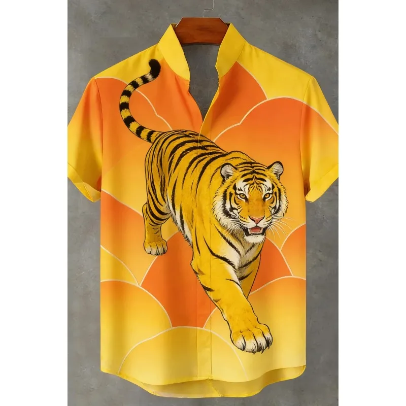 

Short-sleeved Clothing Men 2026 Men's New Natural Tiger Phoenix Pattern 3D Printed Linen Casual Shirt Hawaiian Outdoor Activity