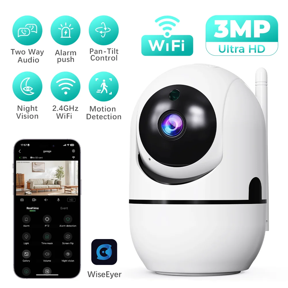 كاميرا صغيرة 3MP PZT 2.4 جيجا هرتز WiFi Security AI كشف الإنسان اتجاهين الصوت للرؤية الليلية مراقبة الطفل كاميرا مراقبة المنزل