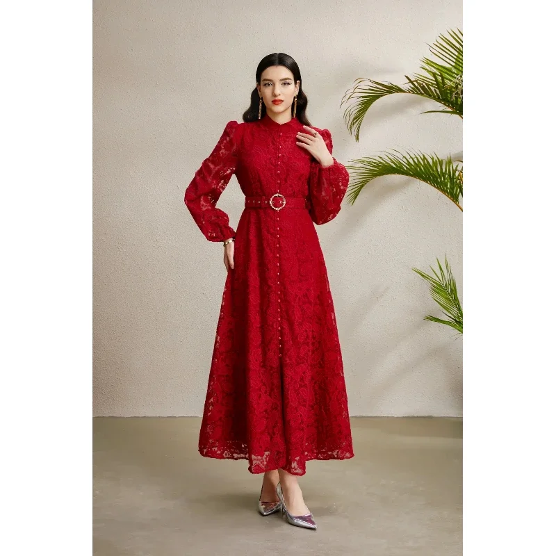 Spring Autumn High End Elegant Birthday Party Women's Dress New French Hook Flower Single Breasted Slim Lace Long Dress S89