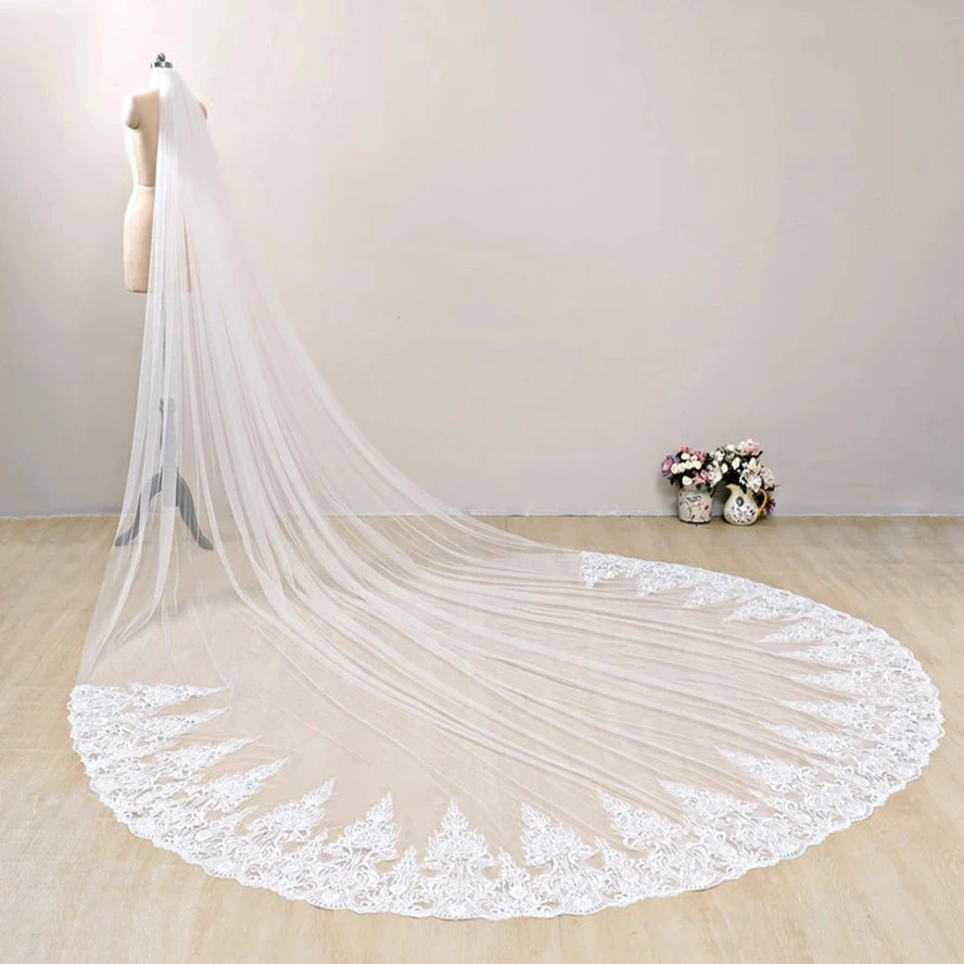 Velo de novia de encaje de borde largo, velo de tul de una capa con peine, accesorios de boda, color blanco marfil, 3M, 4M, 5M