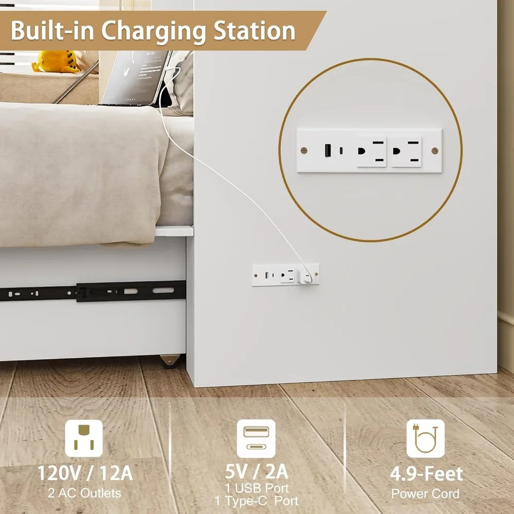 سرير توأم ميرفي مع قاعدة شحن مدمجة، سرير ميرفي موفر للمساحة مع درج، قابل للطي، لضيوف المكتب المنزلي