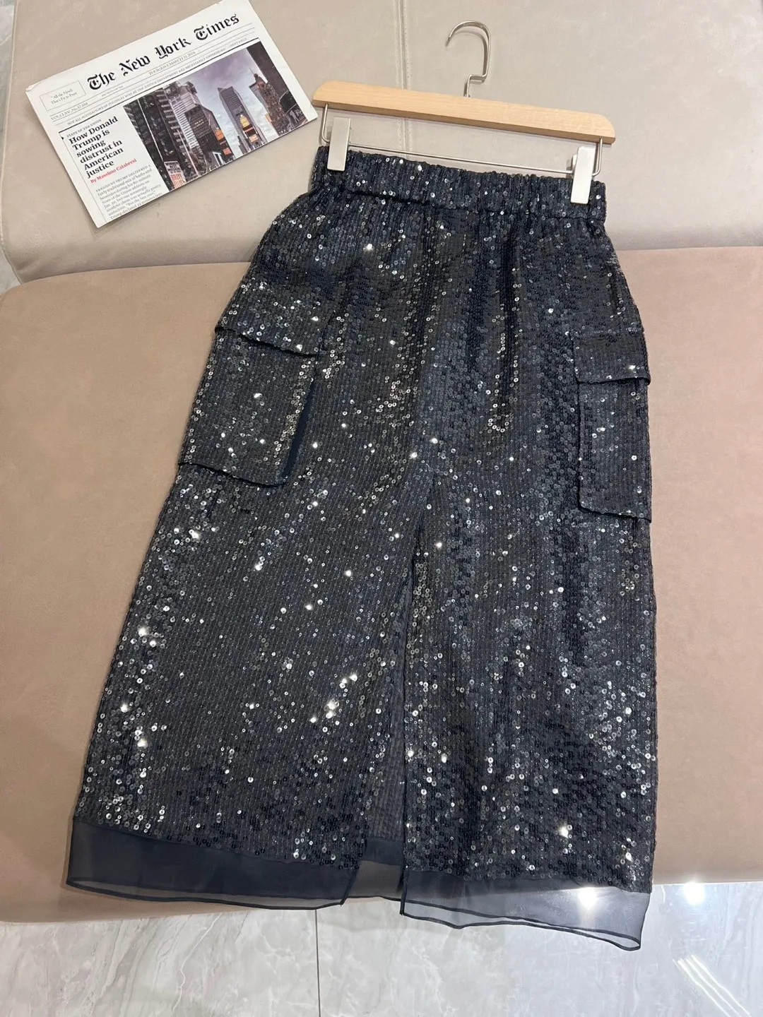 Luxurious summer cocktail sequins embellished silk skirt