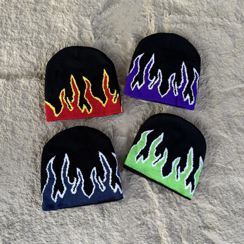 High Quality American Style Streetwear Flame Pattern Beanie 100%Cotton Casual Knitting Cap Outdoor Daily Hat For Men Women