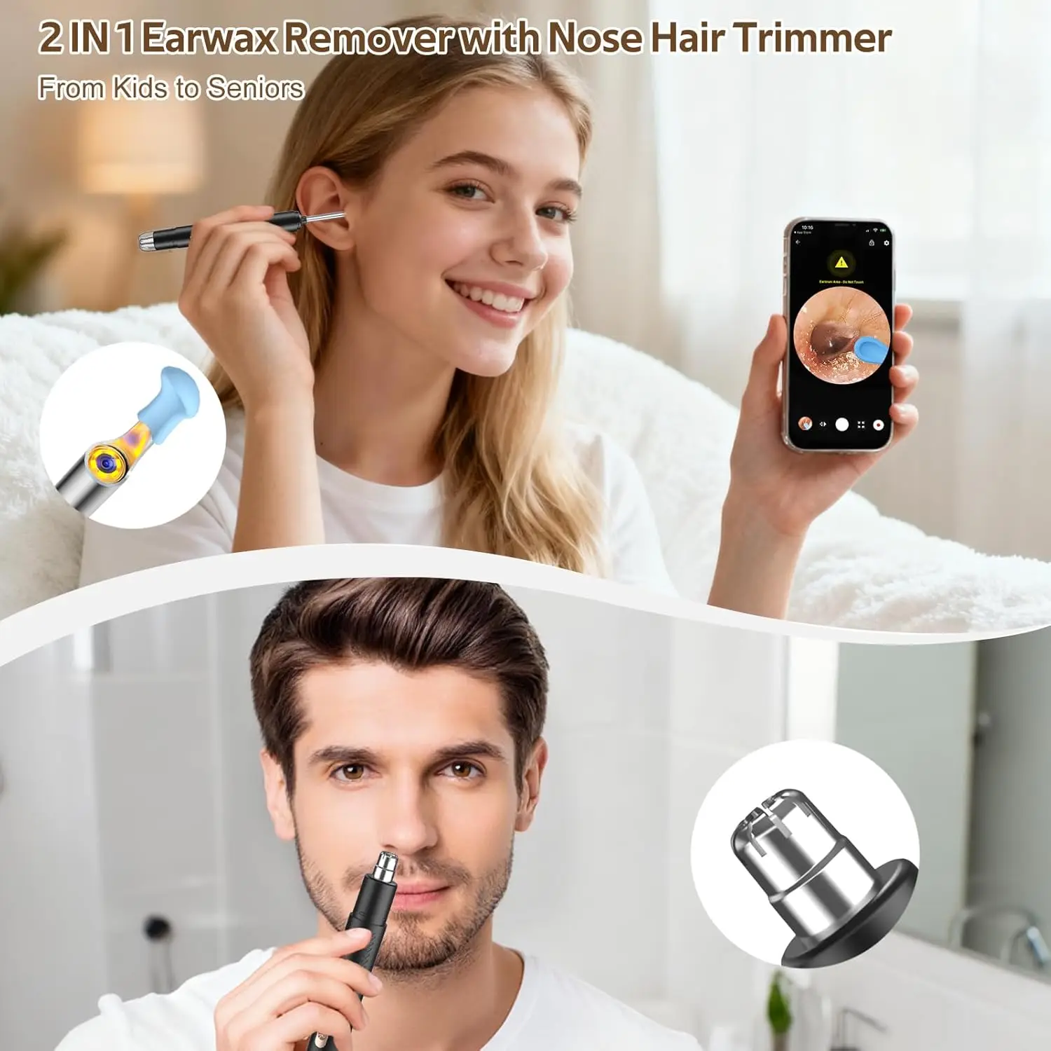 2-in-1 Ear Wax Remover with Camera & Light - Wireless Ear Cleaner for Adults & Kids, Compatible with iOS & Android