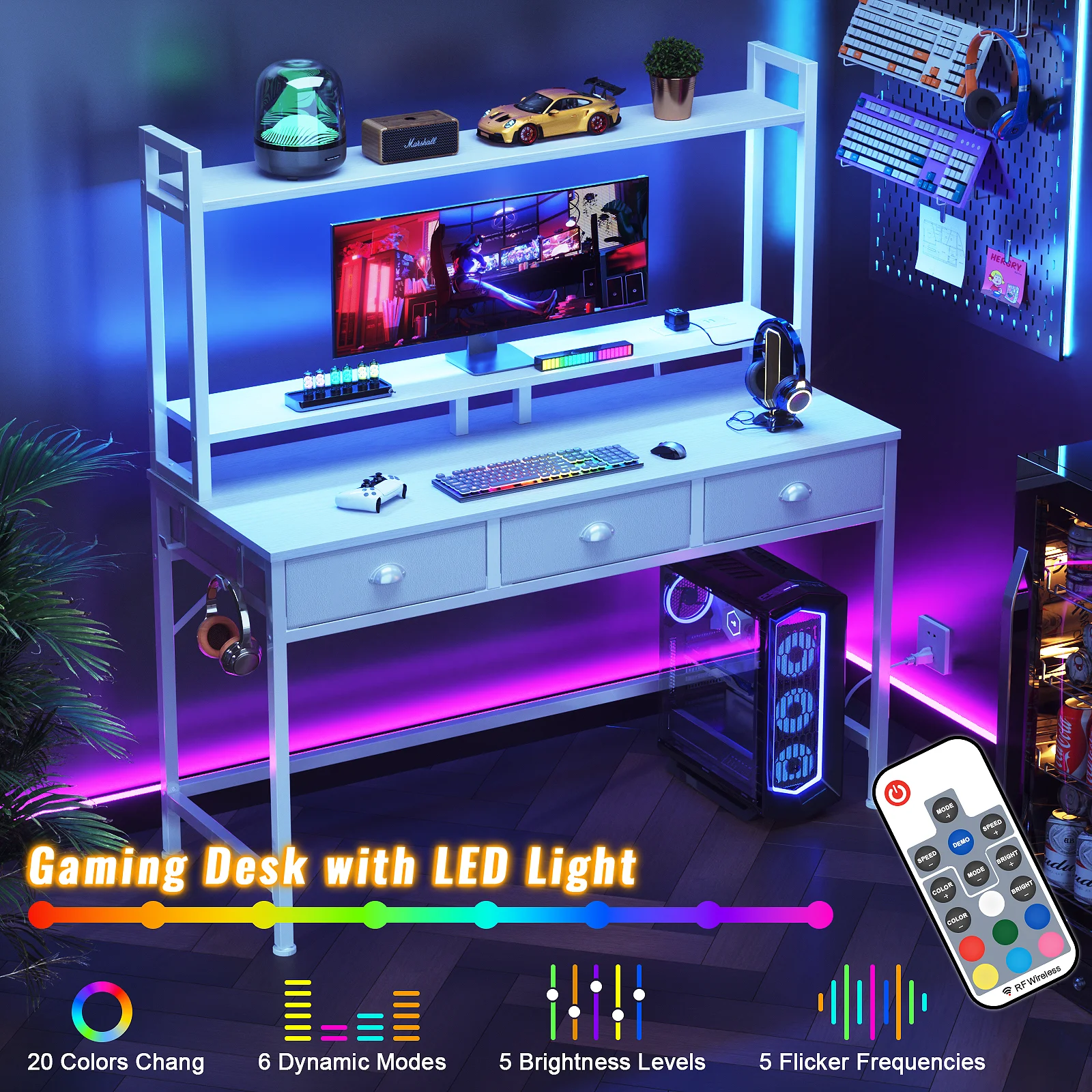 

Satifur Computer Desk With Power Outlets & Led Light, 47 Inch Home Office Desk With 3 Drawers And Storage Shelves, Writing