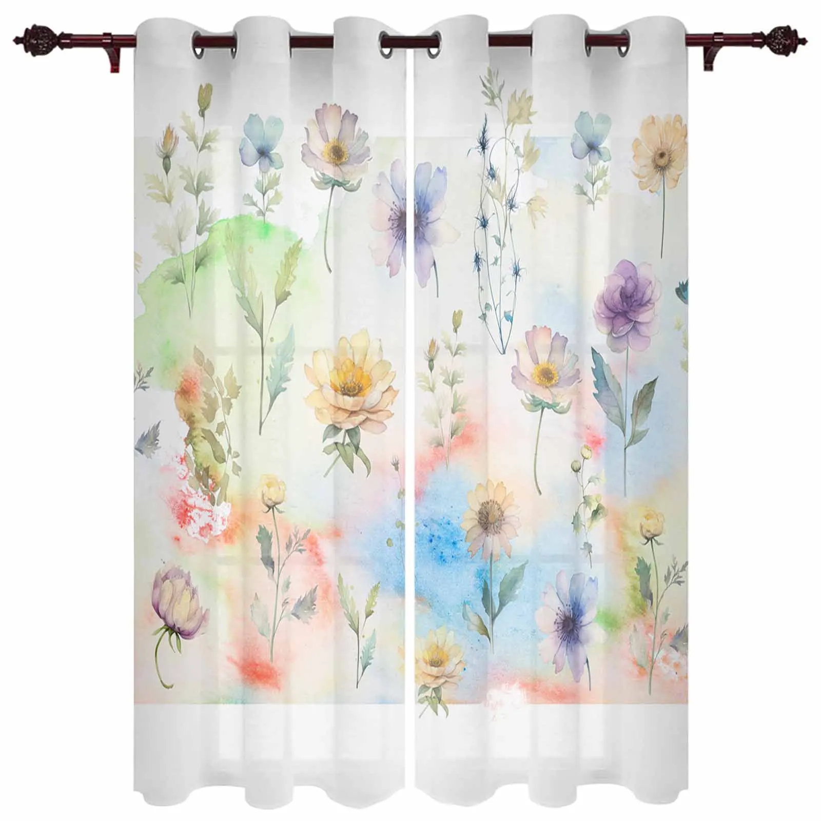 Watercolor Floral Hand-Painted Plants Modern Living Room Decor Window Treatments Drapes Balcony Kitchen Window Curtains