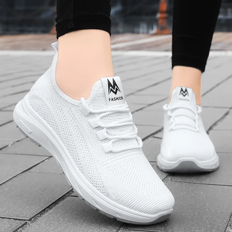 

2025 Mesh Women Casual Shoes Breathable Knitted Flat Sneakers Summer Spring Tennis Comfortable Lace Up Female Running Shoes