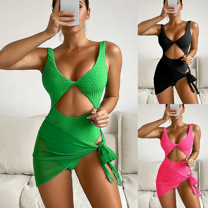 

2023 New Sexy Color Bikini Swimwear Dring Gown Holiday Two-Piece Set Pure Color Sensual One-Piece Skirted Swimsuit