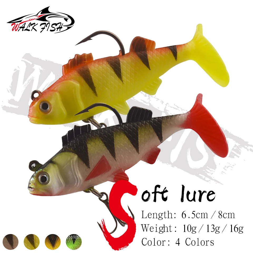 WALK FISH 1 Stück 10g/13g/16g Gummi-Weichköder Künstlicher Sinkender Schwimmköder T-Schwanz Jigkopf Angelzubehör für Barsch und Hecht