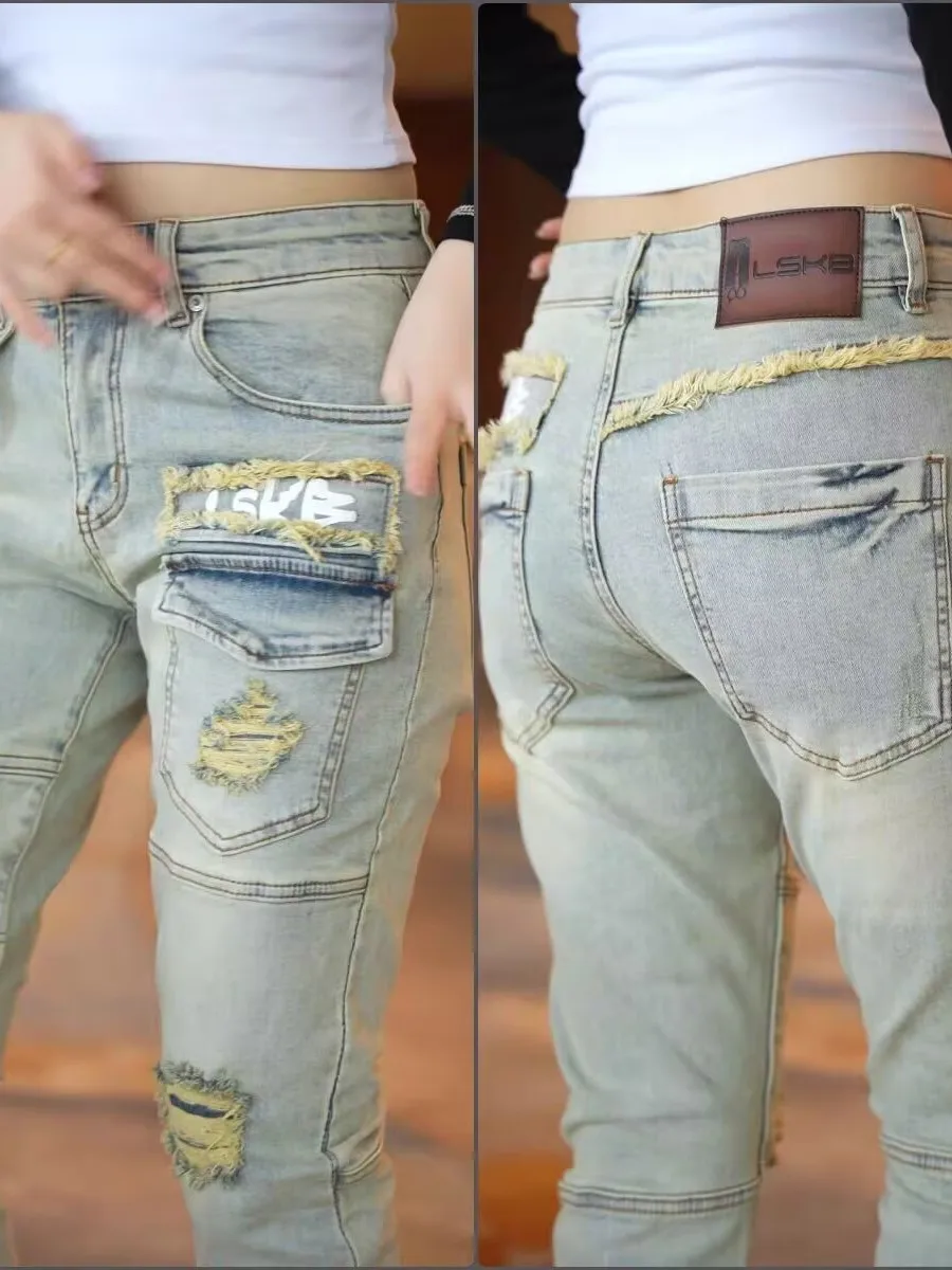 

Men's Slim Fit Retro Sle Patchwork Denim Jeans Elastic Casual Wear Resistant mid Waist Button Closure Four Seasons Suitable