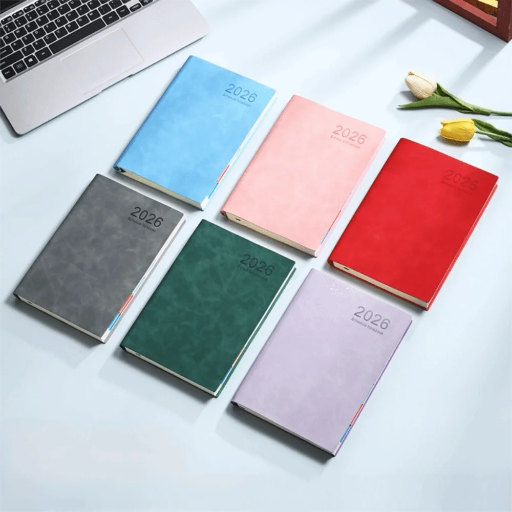 A5 2026 365-Day Schedule Notebook PU Leather Cover Thick Paper Agenda Notebook with Ribbon Bookmark Colorful Card Page Retrieval