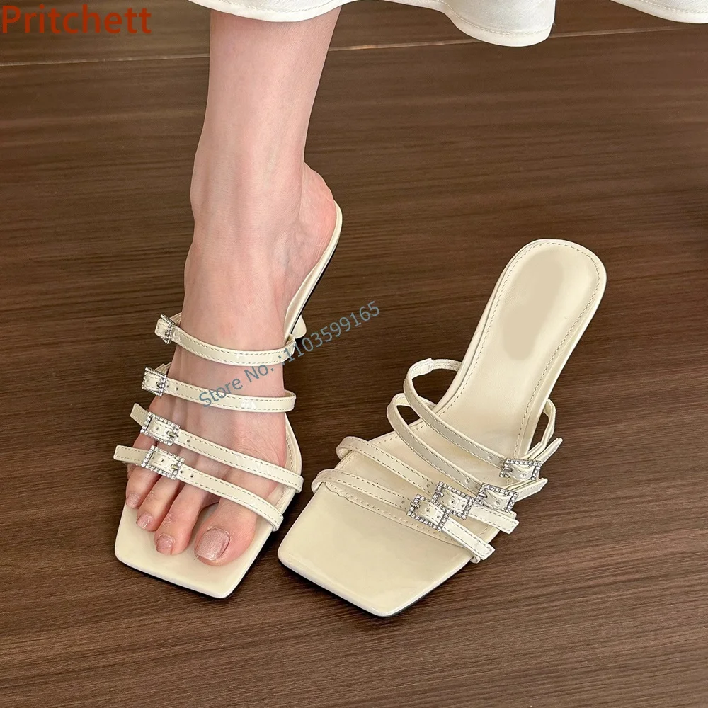 Water Droplet Heel Crystal Sandals Square Toe Thin Heel Slingback Straight Strap Women's Shoes 2024 Elegant Summer Runway Shoes