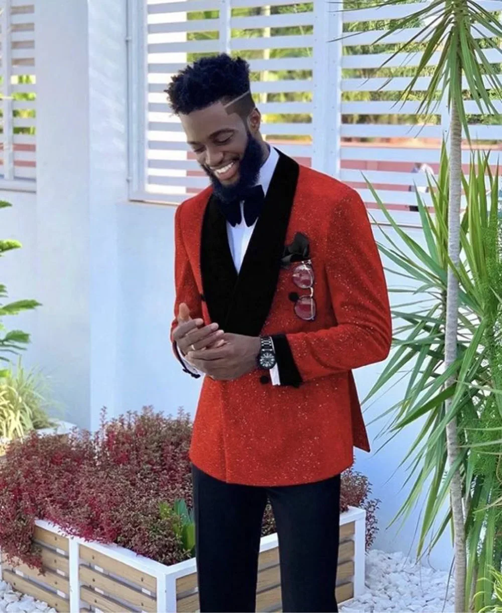 

Luxury Sparkling Red Men Suits Wedding Grooms Tuxedos 2Pcs Formal Blazer Trousers Double Breasted Prom Wear Jacket+Pants Outfit