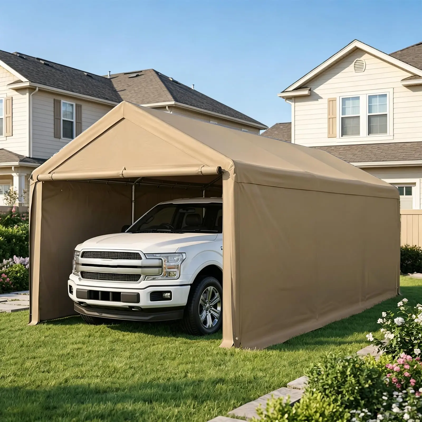 10x20 FT Carport Kits Heavy Duty Steel Frame and Portable Garage Canopy, Storage Carports with Removable Sidewalls and