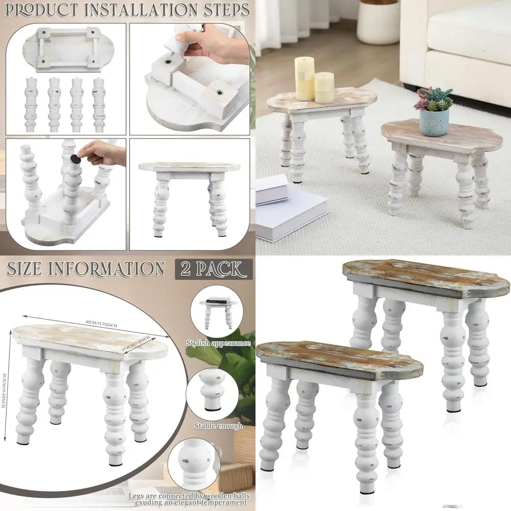 

Vintage Farmhouse Wooden Stool Set, 2-Pack, for Bathroom, Kitchen, Bedroom, or Living Room Decor and Plant Stands