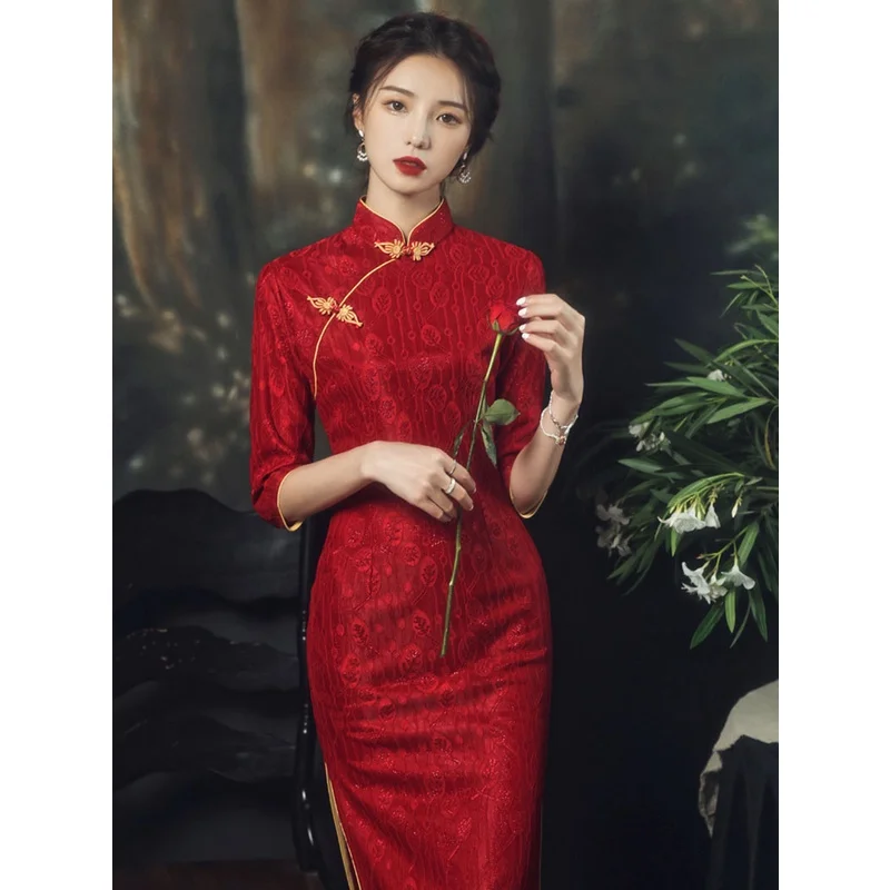 2023 New Chinese Wine Red Cheongsam Women Wedding Evening Dress Half Sleeve Female Slim Bridal Dresses