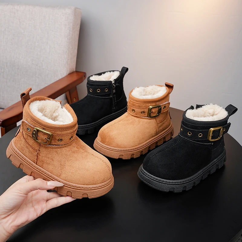 

Новые зимние толстые зимние ботинки, детские модные замшевые противоскользящие износостойкие короткие ботинки на плоской подошве с круглой головкой, детская обувь для девочек