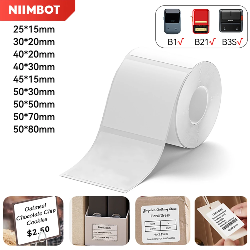 NIIMBOT Papel de etiqueta adesiva térmica para B1 B21 B3S B31 Etiqueta de marcação à prova d\'água Etiqueta de preço Fita adesiva Etiqueta de preço