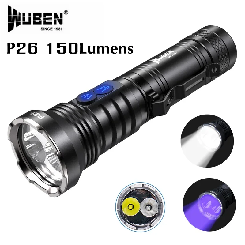 

WUBEN P26 Flashlight White&UV Light 365nm 150Lumen Dual Switch EDC Waterproof Torch For Pet Urine, Fluorescent Dye Detector