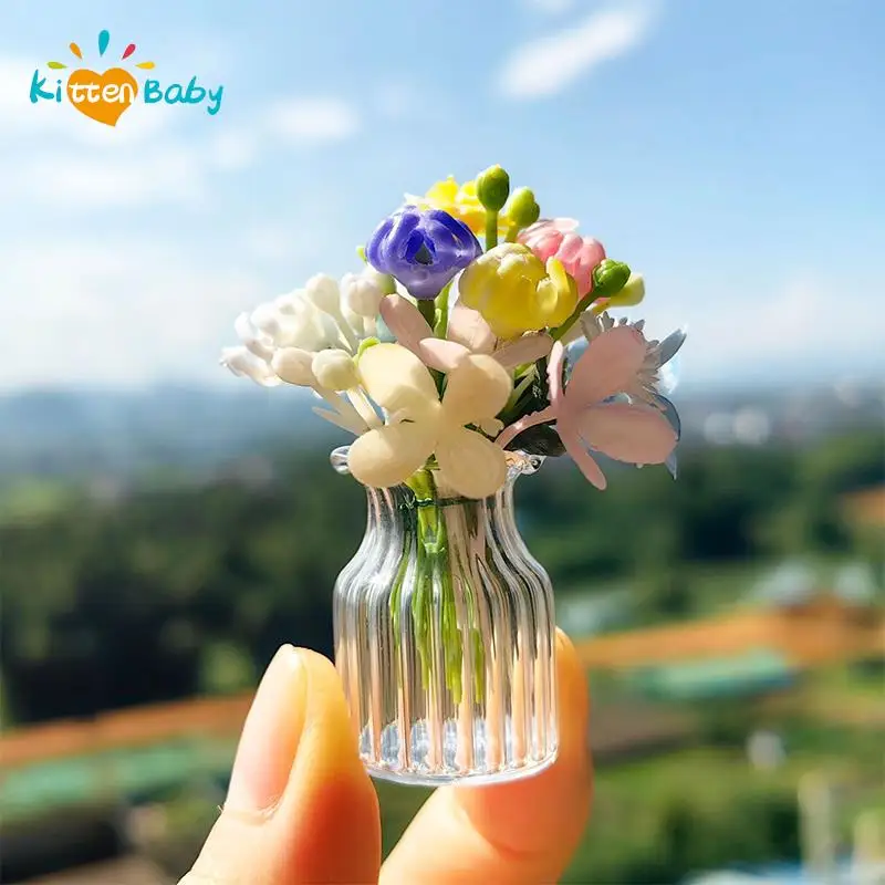 1:6 Dollhouse Miniature Glass Vase Bouquet Potted Plant Flowerpot Home Garden Model Decor Toy Doll House Accessories