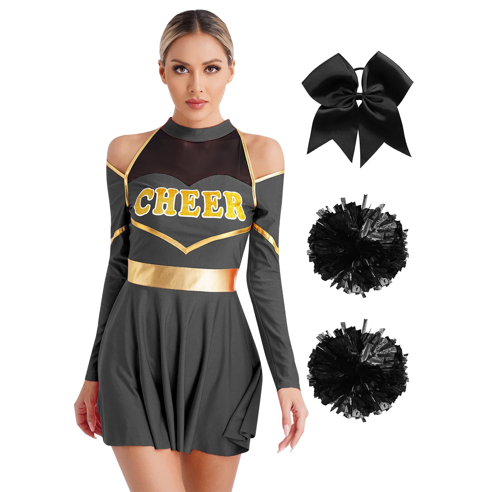 

Womens Cheer Leader Dancing Cheerleading Costume Schoolgirl Uniform Carnival Theme Party Halloween Dress with Pompoms Outfits