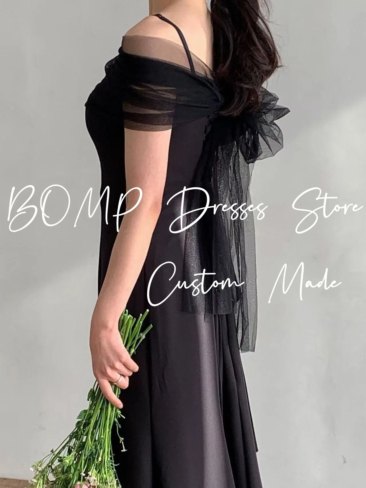 

BOMP Simple Black Wedding Party Dresses Bolero Spaghetti Straps Women Formal Evening Gowns Plus Size Korea Photo shoot Custom