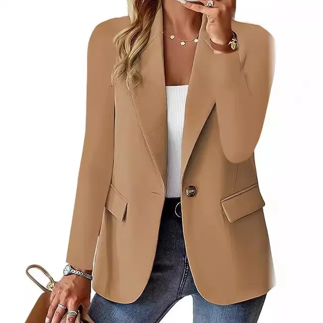 Blazer de manga comprida feminino, gola entalhada, jaqueta elegante, chique, senhora do escritório, moda casual, monocromático, novo, 2024