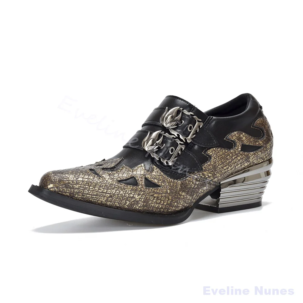 Gold Cracked Print Western Monk Shoes Women Flame Buckle Silver Stack Block Heel Shoes  Vintage Gothic Rock Cowboy Party Boots
