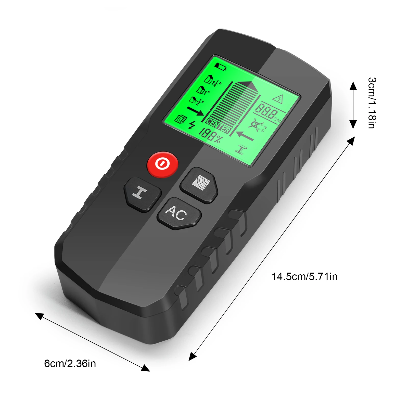 Detector De Metal Preto Retroiluminado, AC Wood Stud Finder, Rastreador De Profundidade, Scanner De Parede, Display LCD HD, Fios De Cabo, Rastreador